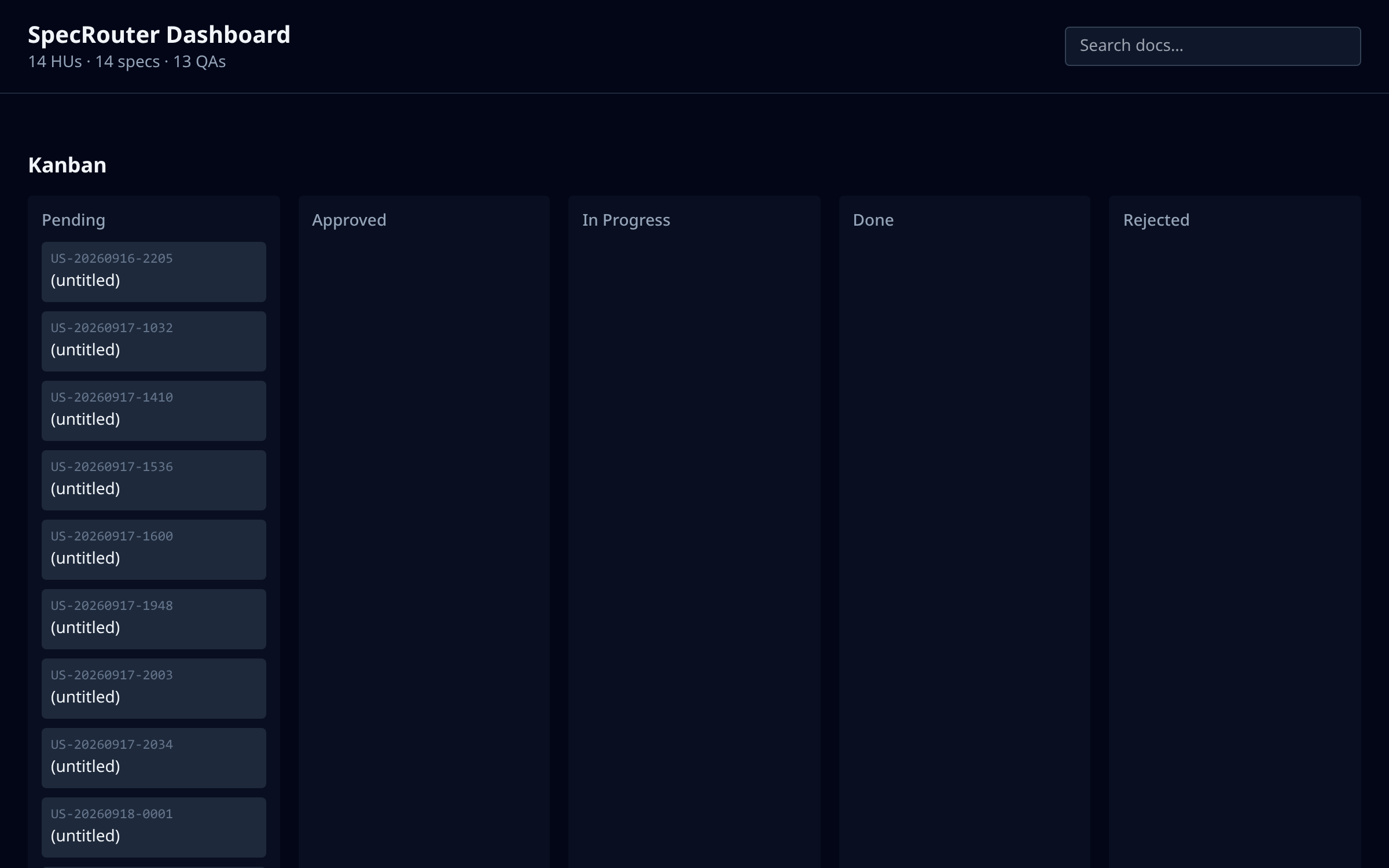 SpecRouter dashboard kanban view showing pending, approved, in-progress, and done HUs
